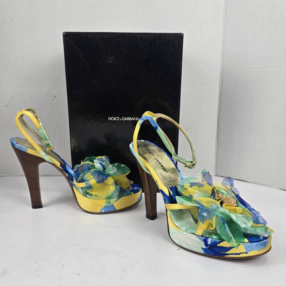 DOLCE & GABBANA Runway Fall 2000 Floral Silk High Heel Platform Sandals Size 37